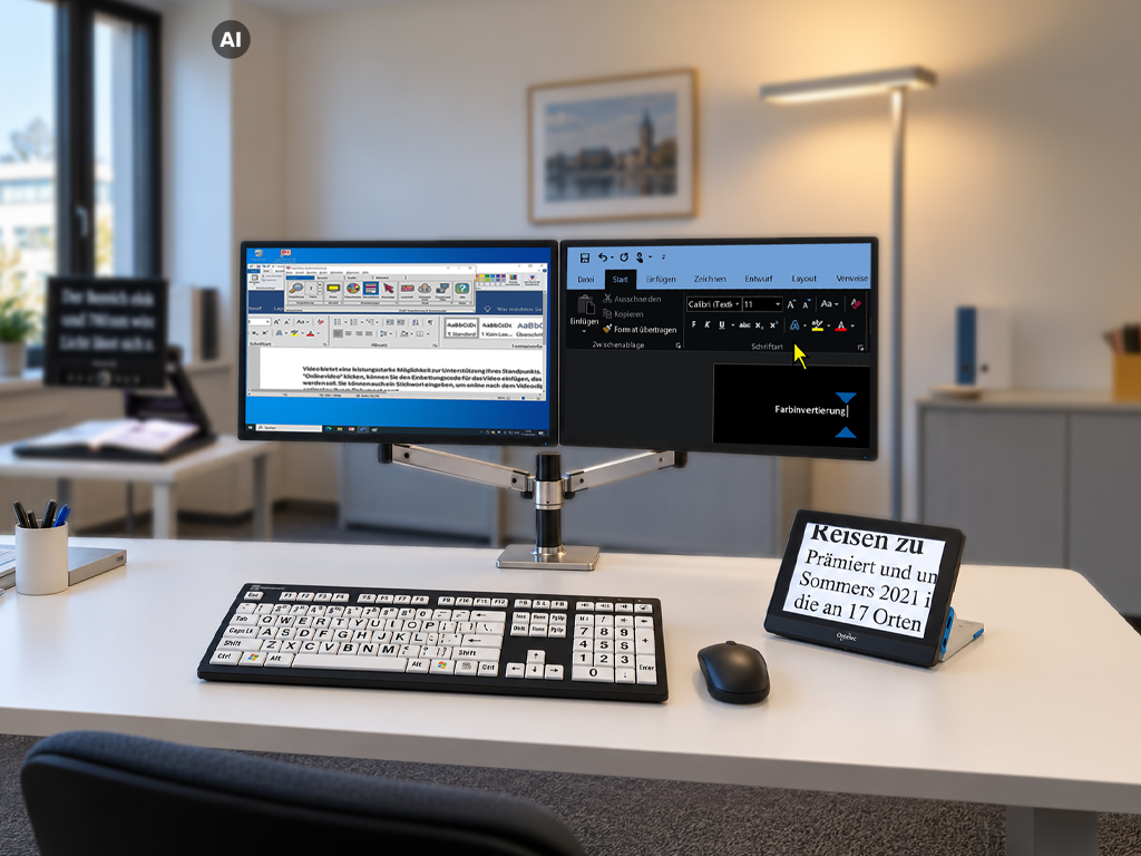 Barrierefreier Arbeitsplatz mit großen Tasten-Tastatur, Dual-Monitor-Setup und Lupe für Menschen mit Sehbehinderung.